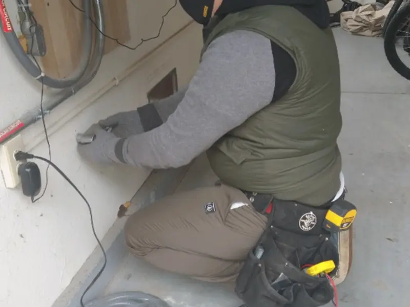 Electrician performing outlet wiring in a Warrenton garage